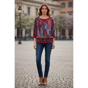 Northern reflections, red and blue floral abstract blouse size XL petite